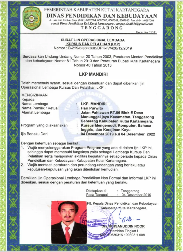 Surat Ijin Oprasional Lembaga Kursus Dan Pelatihan<br>