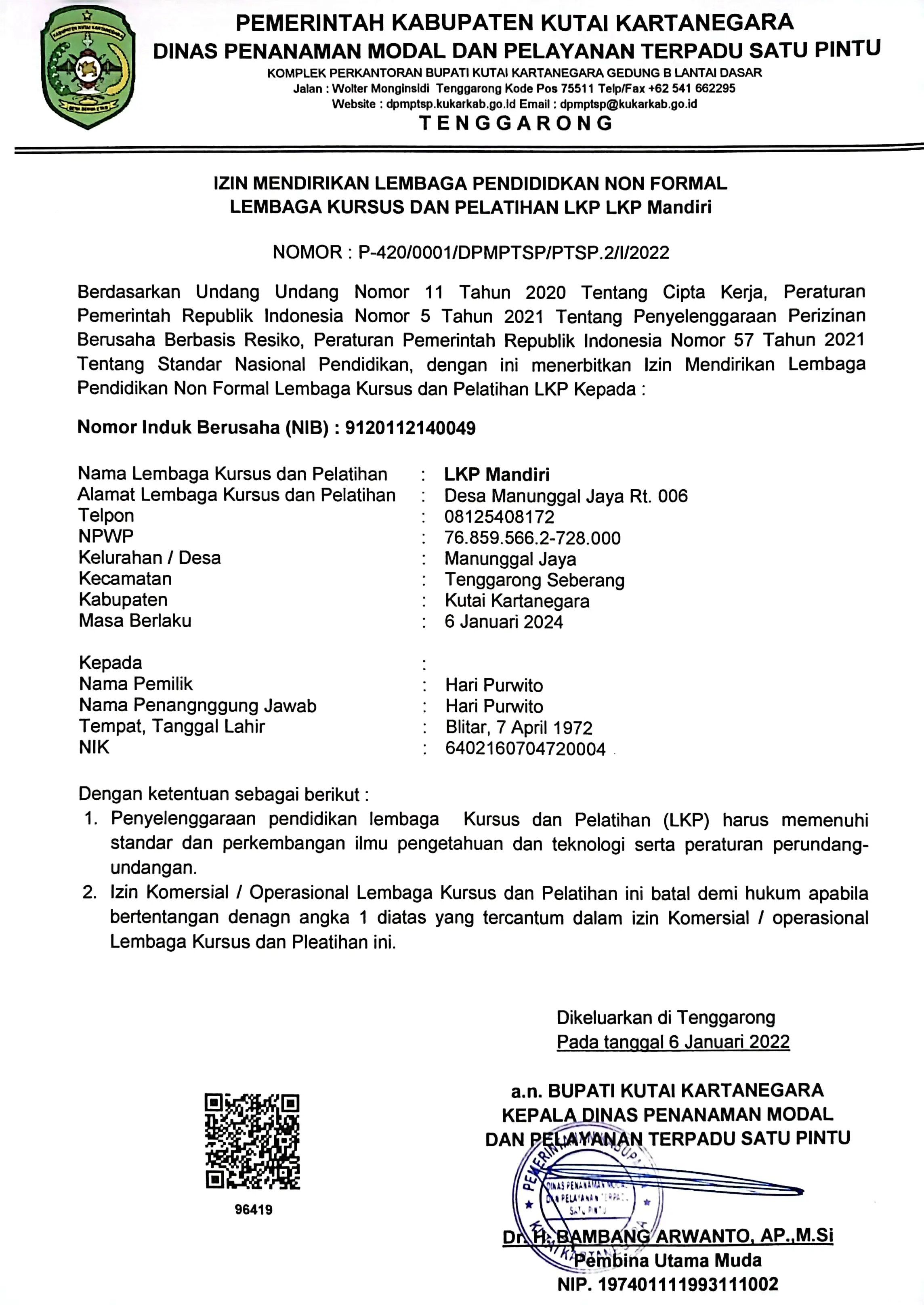 Surat Izin Mendirikan Lembaga Pendidikan Non Forma<br>