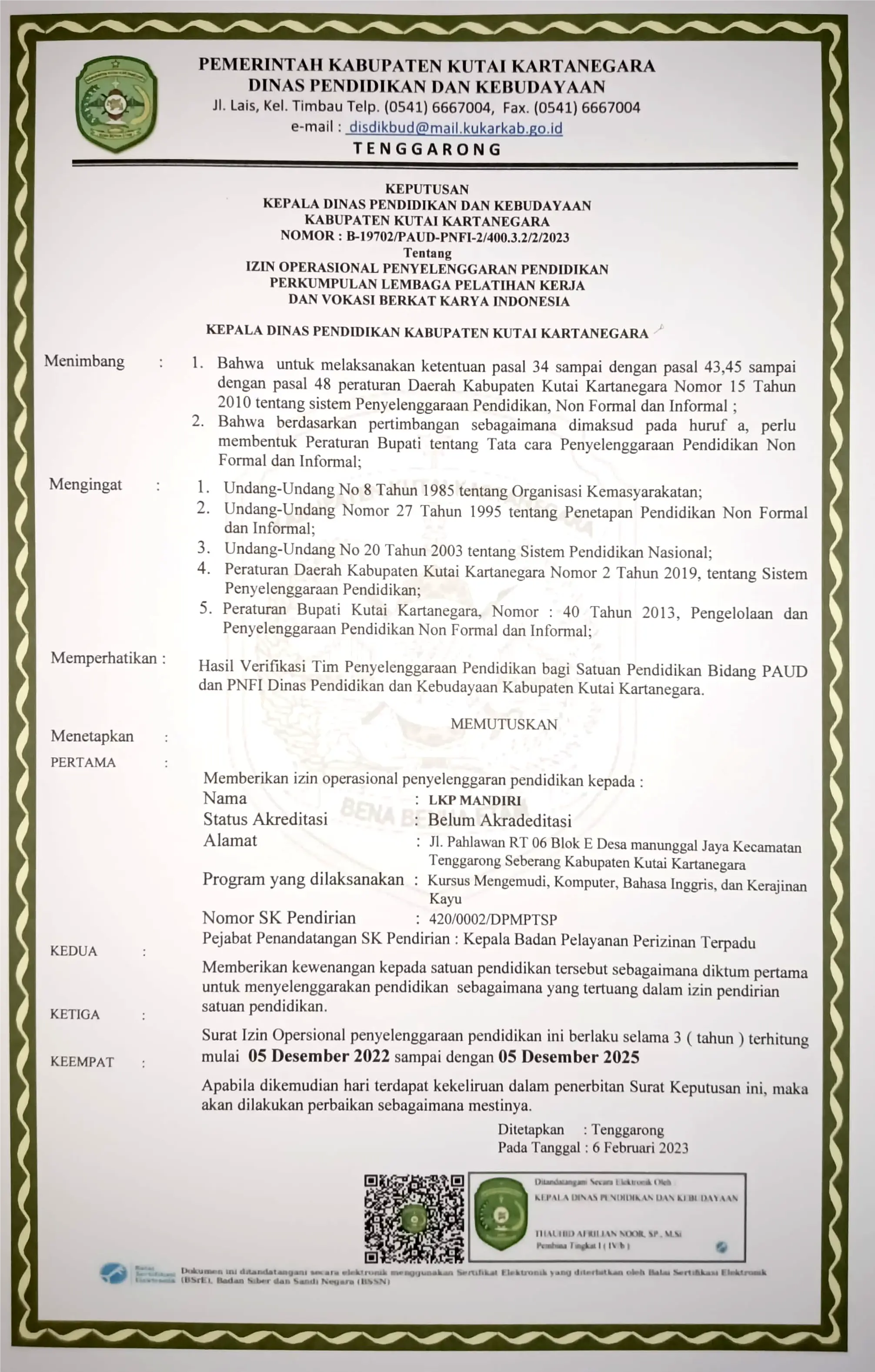 Surat Izin Oprational Penyelenggaraan Pendidikan P<br>
